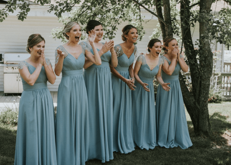 Dusty Blue Chiffon Bridesmaid Dress With Ruffle Beading Sequins