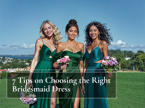 Three bridesmaid in green bridesmaid dresses holding a flower bouquet