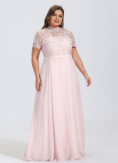 ﻿A-line High Neck Floor Length Chiffon Lace Prom Dress