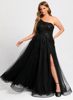A-line One Shoulder Floor-Length Lace Tulle Prom Dress with Sequins﻿ 