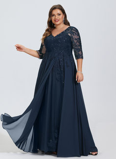 A-line V-Neck Floor Length Chiffon Lace Prom Dress with Sequins﻿