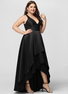 Black A-line V-Neck Asymmetrical Satin Prom Dress﻿ 