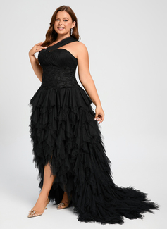 Black Ball Gown One Shoulder Asymmetrical Tulle Prom Dress with Cascading Ruffles 