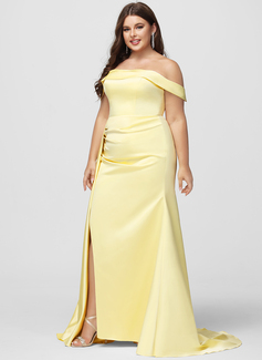 Daffodil Trumpet Off Shoulder Sweep Train Satin Prom Dress with Ruffle 