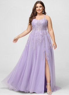 Lilac Ball Gown Sweep Train Lace Tulle Prom Dress with Sequins