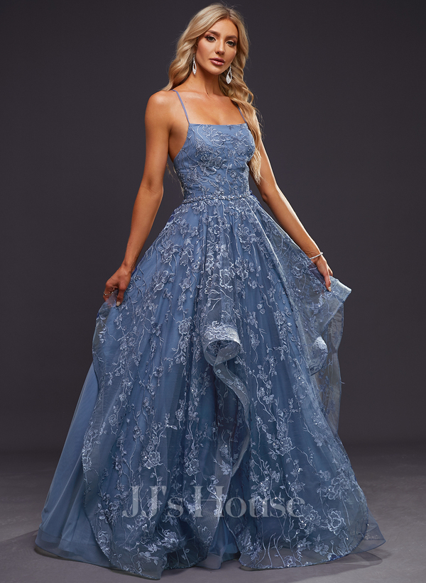A-line Floor Length Lace Prom Dress with Beading