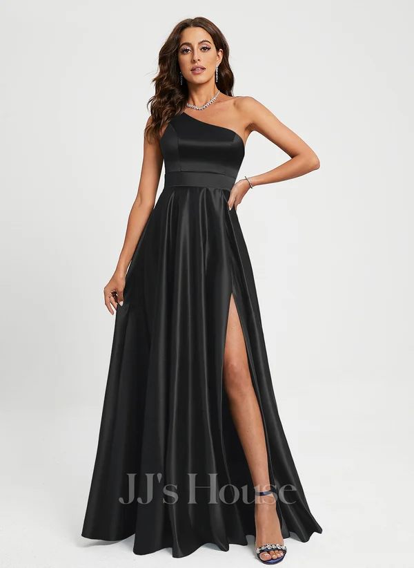 A-line One Shoulder Floor-Length Satin Prom Dresses With Rhinestone