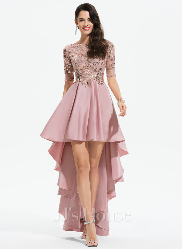 A-line Scoop Asymmetrical Satin Prom Dress with Sequins