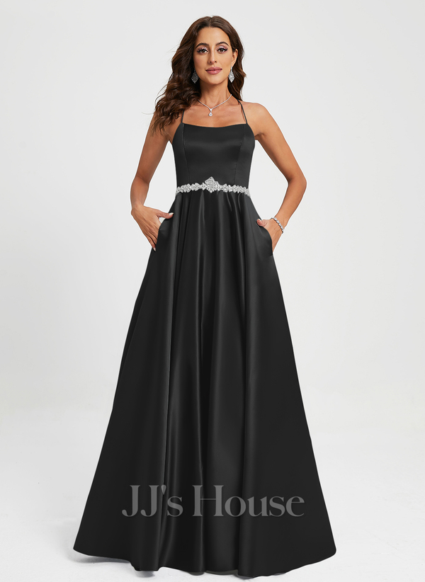 A-line Scoop Floor-Length Satin Prom Dresses With Rhinestone