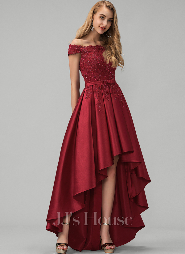 Ball Gown Off Shoulder Asymmetrical Satin Prom Dress with Bow & Sequin Beading