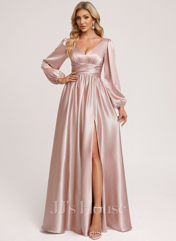 Dusty Rose A-line V-Neck Floor Length Stretch Satin Prom Dress
