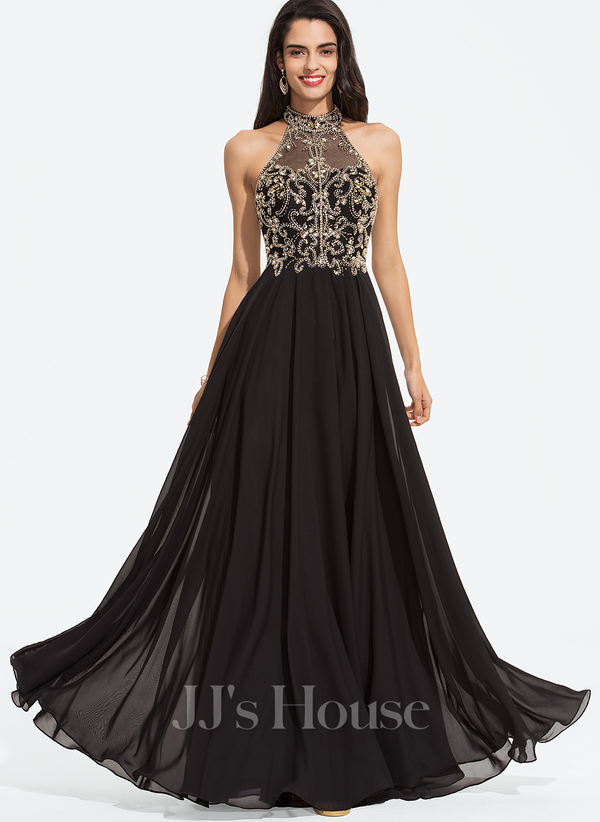 High Neck A-line Chiffon Prom Dress with Beading Sequins﻿