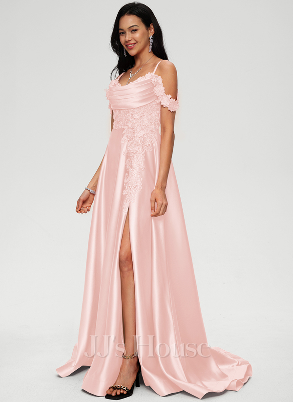 Pearl Pink A-line Off Shoulder Satin Prom Dress with Rhinestone