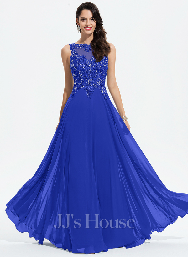 Royal Blue A-line Floor Length Chiffon Prom Dress with Beading Sequins