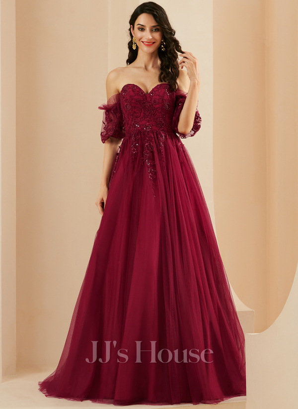 Sweep Train Tulle Prom Dress with Sequins﻿