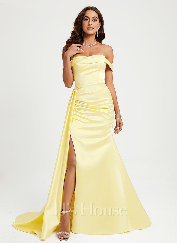 Trumpet Off Shoulder Satin Prom Dress with Ruffle