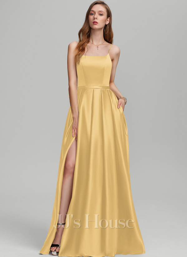 Gold A-line Square Floor-Length Satin Prom Dress
