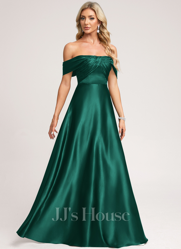 Emerald A-line Off the Shoulder Floor-Length Stretch Satin Prom Dress