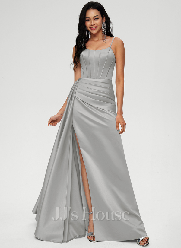 Silver Column Scoop Floor-Length Satin Prom Dress﻿