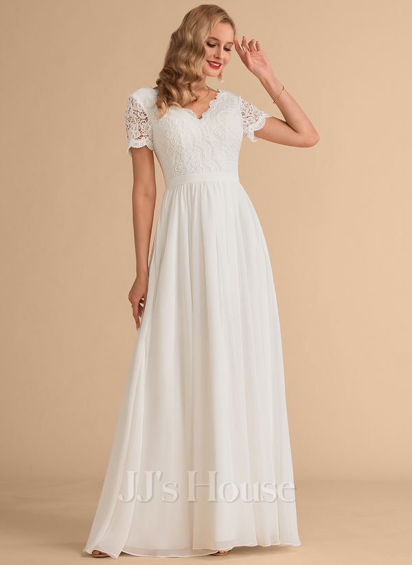 A-line V-Neck Floor Length Chiffon Lace Wedding Dress﻿