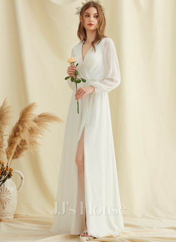 A-line V-Neck Floor Length Chiffon Wedding Dress﻿
