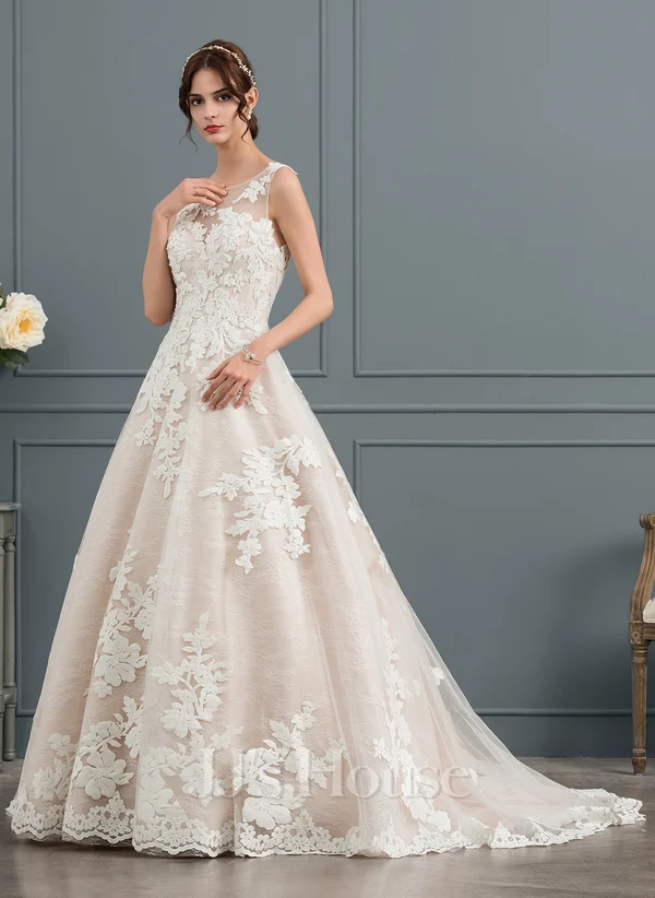Ball Gown Illusion Court Train Lace Tulle Wedding Dress with Beading Sequin﻿