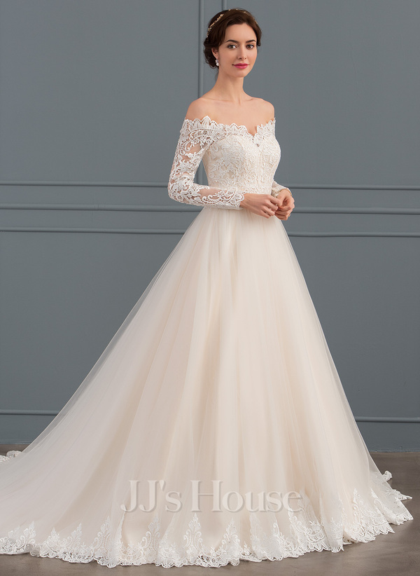 Ball Gown Off the Shoulder Chapel Train Tulle Lace Wedding Dress