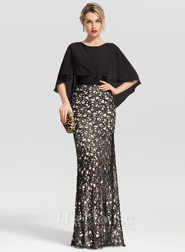Black Column Scoop Floor-Length Chiffon Lace Mother of the Bride Dress With Flower Sequins Beading