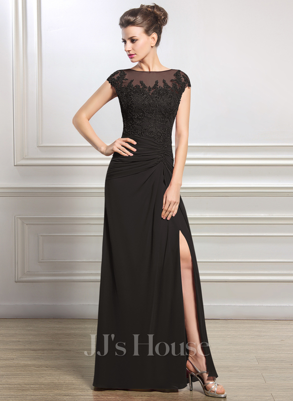 Black Column Scoop Illusion Floor-Length Chiffon Lace Mother of the Bride Dress With Beading Pleated Sequins