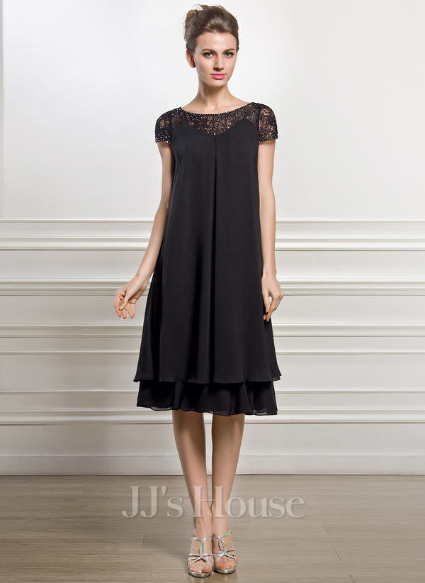 Black Empire Scoop Illusion Knee-Length Chiffon Lace Mother of the Bride Dress With Sequins Beading﻿