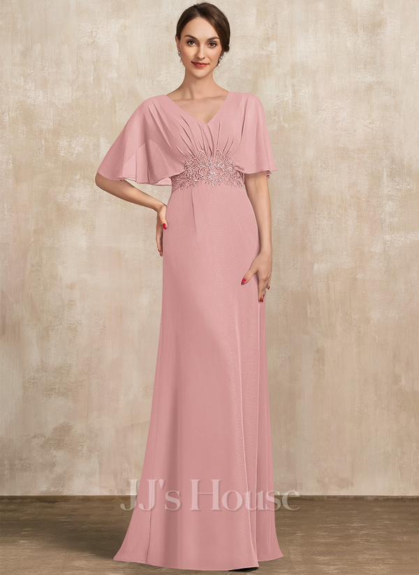 Blush A-line V-Neck Floor-Length Chiffon Mother of the Bride Dress With Pleated Appliques Lace Sequins   