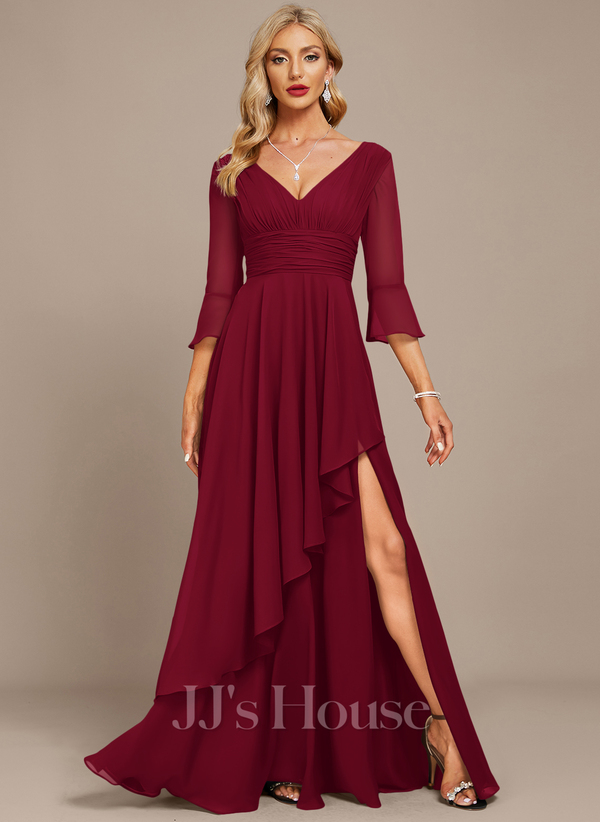 Burgundy A-line V-Neck Floor-Length Chiffon Mother of the Bride Dress With Cascading Ruffles﻿