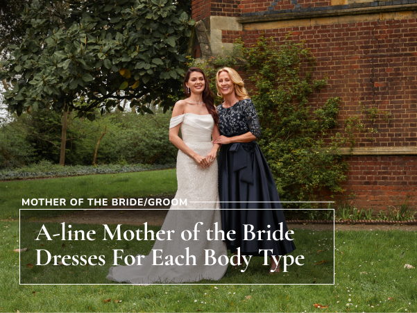 A-line mother of the bride dress for each body type banner featuring mother and daughter in dresses posing 