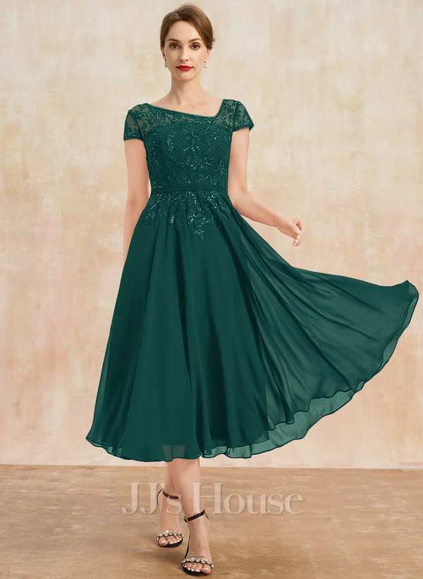 Dark Green A-line Asymmetrical Tea-Length Lace Chiffon Mother of the Bride Dress With Sequins