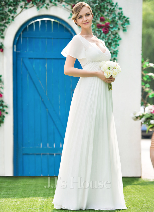 Empire V-Neck Floor Length Chiffon Wedding Dress with Pleated Beading