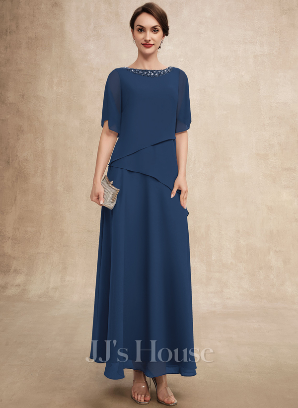Navy Blue A-line Scoop Tea-Length Chiffon Mother of the Bride Dress With Appliques Lace Sequins