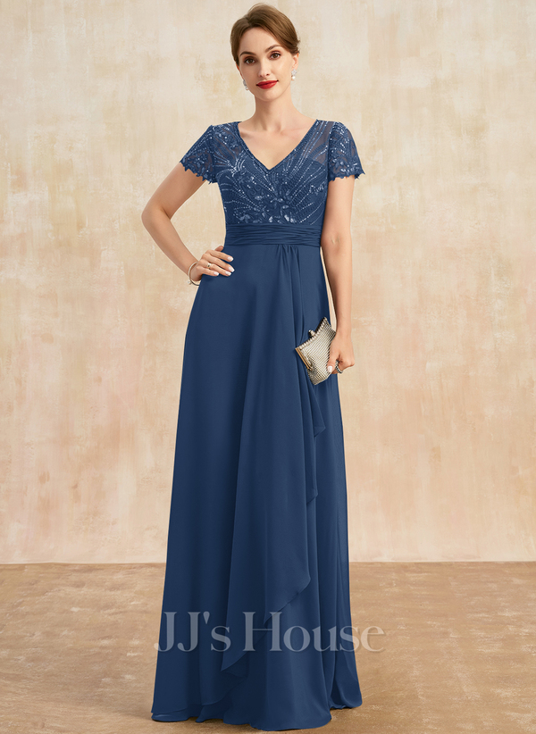 Navy A-line V-Neck Floor-Length Chiffon Lace Mother of the Bride Dress With Beading Cascading Ruffles Sequins