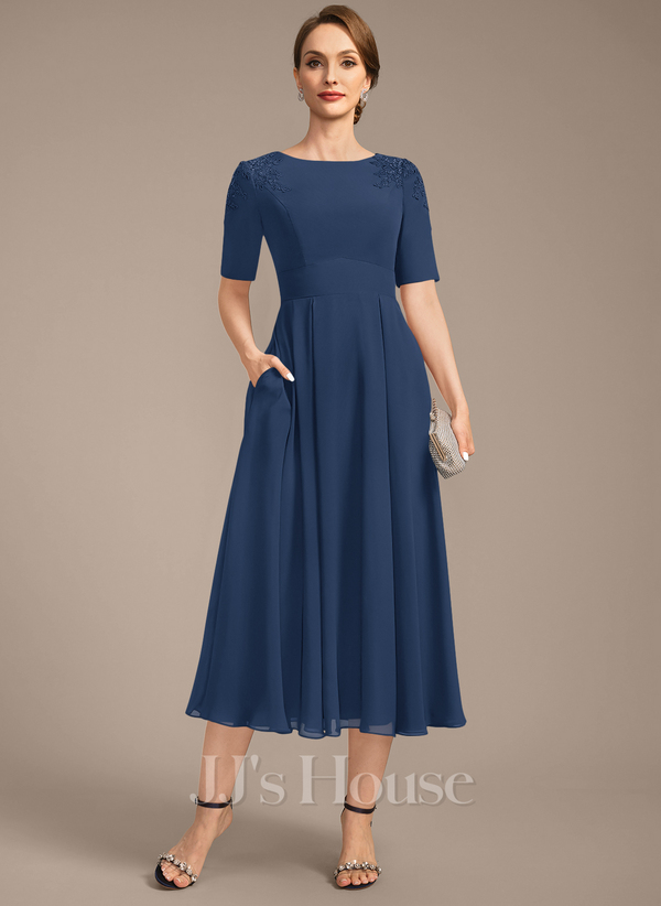 Navy Blue A-line Scoop Tea-Length Chiffon Mother of the Bride Dress With Appliques Lace Sequins 
