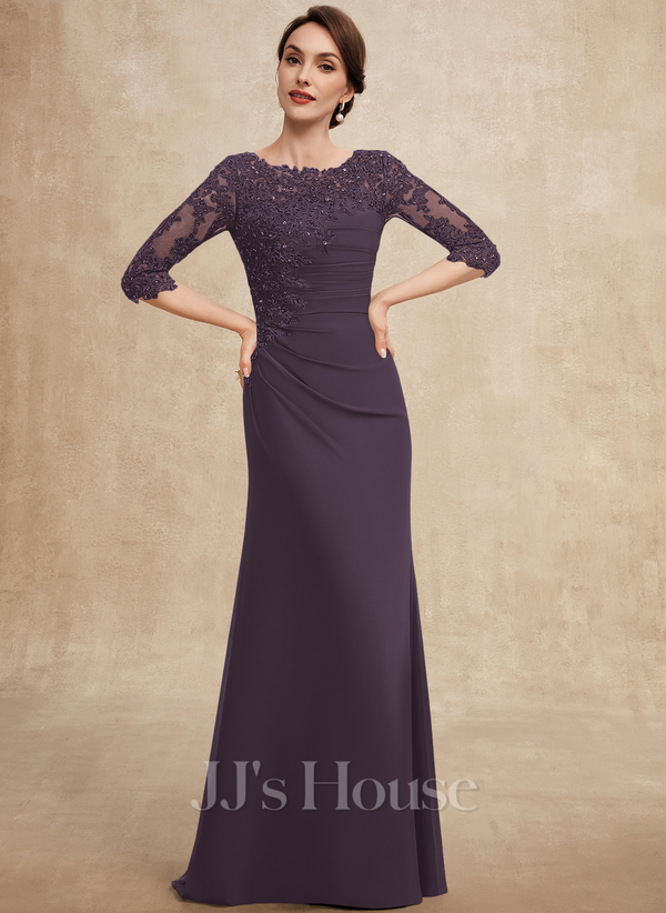 Plum A-line Scoop Floor-Length Chiffon Lace Mother of the Bride Dress With Beading Pleated Sequins