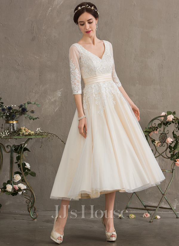 Princess V-Neck Tea Length Lace Tulle Wedding Dress﻿
