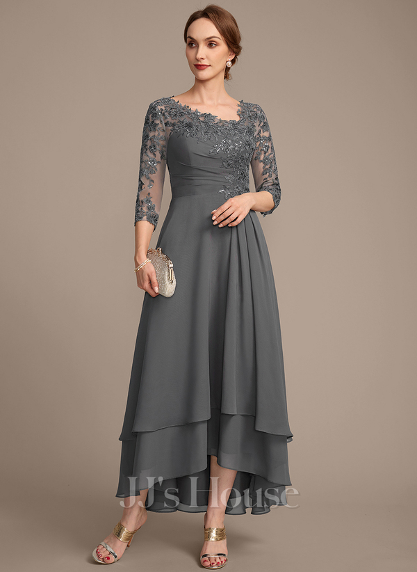Steel Grey A-line Asymmetrical Asymmetrical Lace Chiffon Mother of the Bride Dress With Sequins Pleated﻿