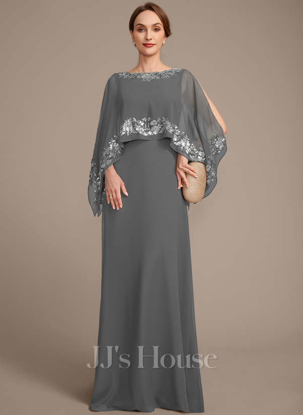 Steel Grey A-line Scoop Floor-Length Lace Chiffon Sequin Mother of the Bride Dress