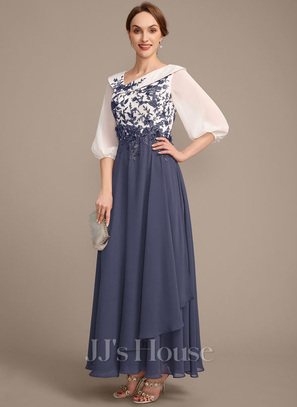Stormy A-line Asymmetrical Ankle-Length Lace Chiffon Mother of the Bride Dress