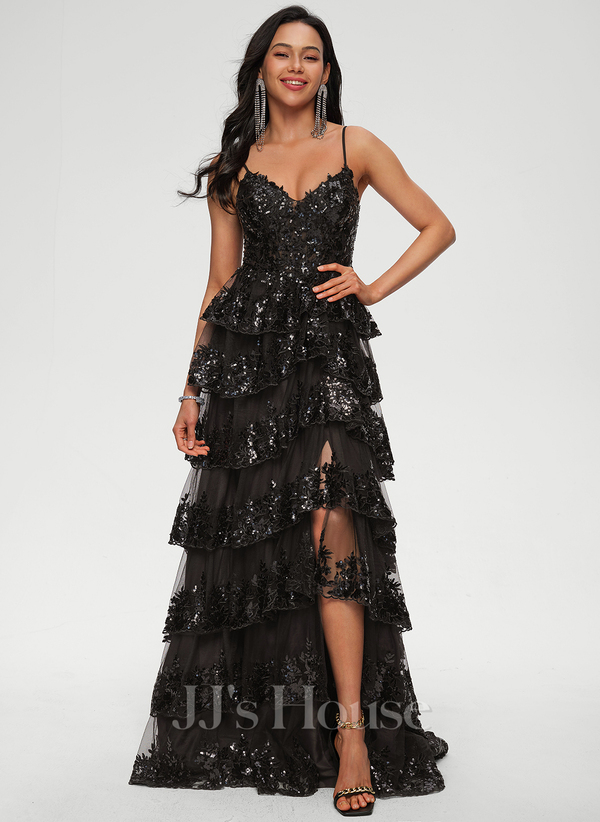 Black Princess V-Neck Sweep Train Lace Prom Dress With Sequins