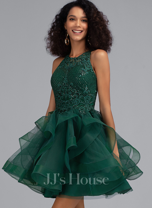 Dark Green Princess Scoop Short Tulle Lace Prom Dress With Sequins