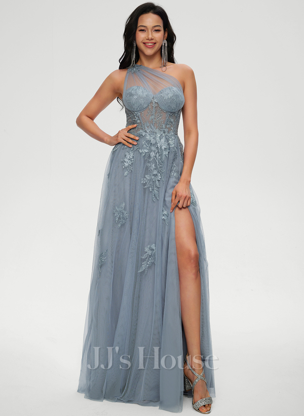 Dusty Blue A-line One Shoulder Floor-Length Tulle Prom Dresses With Sequins Appliques Lace