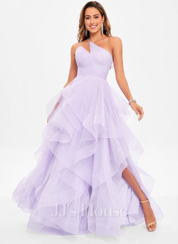 Lilac Princess Asymmetrical One Shoulder Floor-Length Tulle Prom Dresses