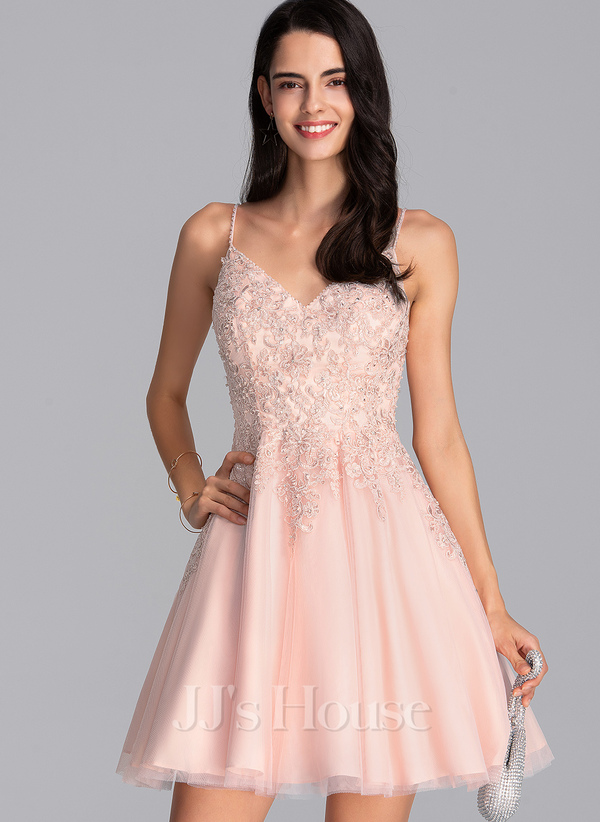 Pearl Pink A-Line V-Neck Short Tulle Prom Dress With Beading