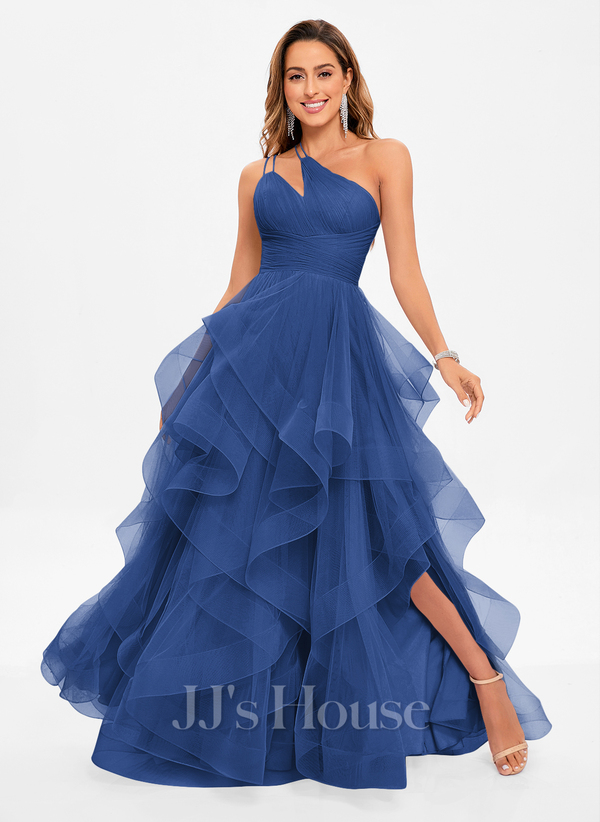 Royal Blue Princess Asymmetrical One Shoulder Floor-Length Tulle Prom Dress