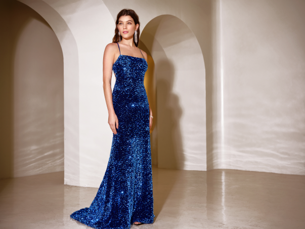 Lady in royal blue prom dress